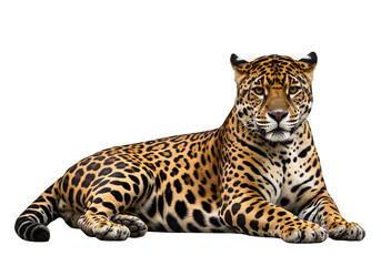Naklejka premium Powerful jaguar in sphinx-like pose with rosette markings and fierce gaze, perfect for wildlife or nature themes. Isolated on white or transparent background. PNG