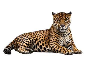 Powerful jaguar in sphinx-like pose with rosette markings and fierce gaze, perfect for wildlife or nature themes. Isolated on white or transparent background. PNG