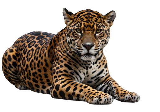 Powerful jaguar in sphinx-like pose with rosette markings and fierce gaze, perfect for wildlife or nature themes. Isolated on white or transparent background. PNG