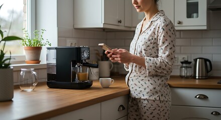 Morning Coffee Ritual: A young woman in pajamas uses her phone next to a coffee machine on a wooden countertop.