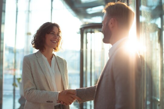 Business colleagues shaking hands in bright office environment