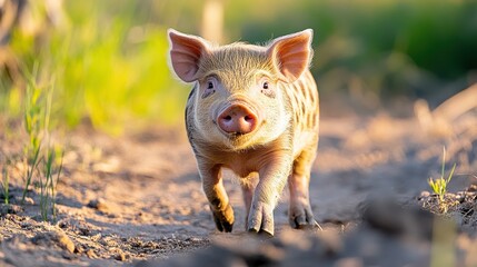 Spotted piglet exploring the sunlit farm path with curiosity