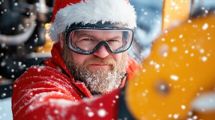Santa fixes his sleigh engine under falling snow on a chilly night