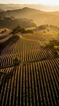 Aerial View of Vineyards in Rolling Hills at Golden Sunrise
