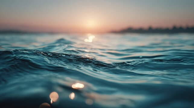 A serene ocean scene at sunset with gentle waves reflecting the warm glow of the sun on the horizon.