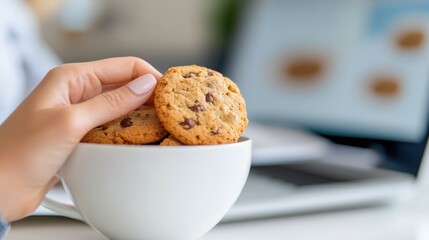 Businesswoman enjoys a cookie break while focused on work tasks