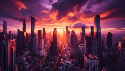 Fototapeta premium High-rise towers under colorful evening sky create a bold architectural perspective from street level, reflecting urban life and city development in dramatic golden hour lighting.
