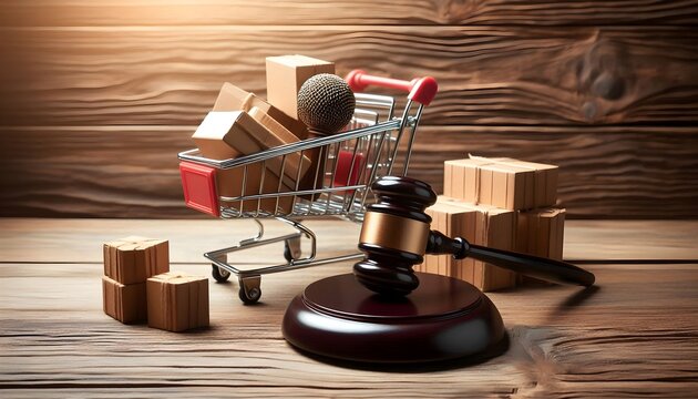 Gavel and shopping cart with parcels on wood background, illustrating online business rules and product liability