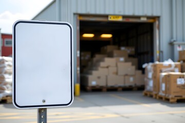 Blank Sign at a Warehouse: A sleek, blank sign stands prominently in front of a bustling warehouse, its stark emptiness a canvas for any message.