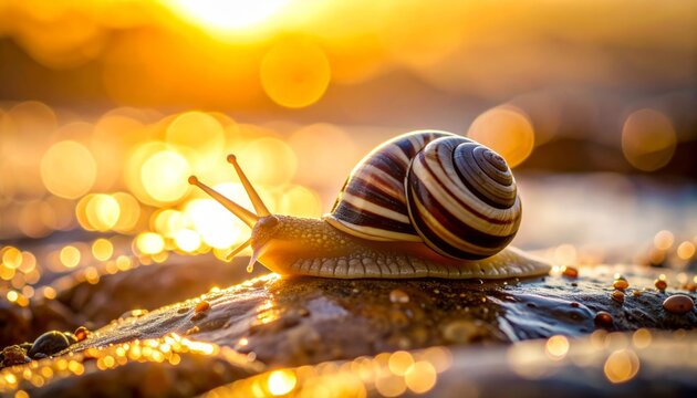 Caracol movi&eacute;ndose lentamente sobre rocas con fondo desenfocado en ambiente acu&aacute;tico natural