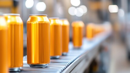 Aluminum cans move smoothly on conveyor belt in beverage manufacturing line