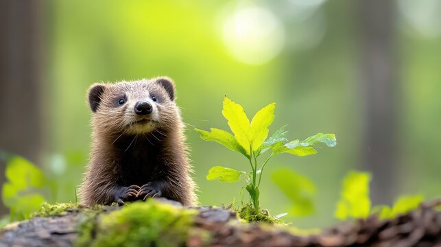 Wild badger exploring its forest home on a rainy day in Germany
