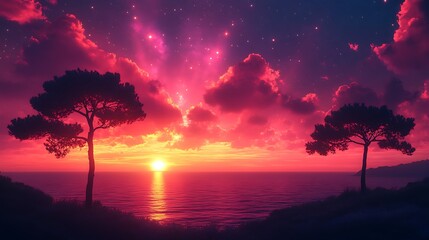 Naklejka premium Vivid pink orange sunset ocean illustration images