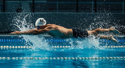 **Dynamic Dive: An elite swimmer demonstrates the epitome of athleticism, slicing through the water with impeccable form and a determined gaze.** 