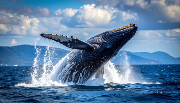 Ballena jorobada emergiendo del oc&eacute;ano en salto majestuoso con cielo azul despejado y espuma marina salpicando en primer plano.