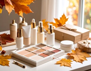 Modern Chic Beauty Setup Featuring Skincare and Seasonal Decor