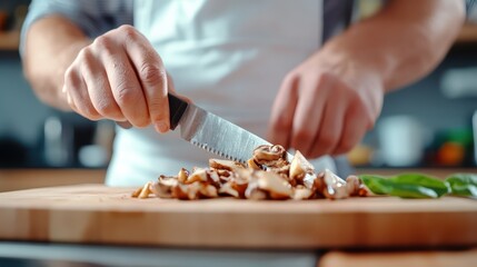 Home cook preparing mushrooms with precision in cozy kitchen setting