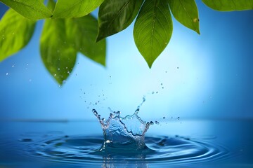 Water Splash with Green Leaves - Refreshing Nature Concept