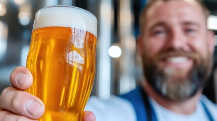Expert brewer evaluates craft beer in bustling brewery environment