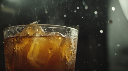 Close-up of a glass of iced brown drink with splashing water droplets
