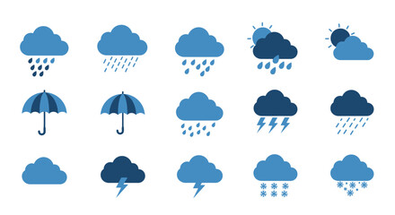 Obraz premium Collection of weather icons depicting rain, sun, clouds, lightning, snow, and umbrellas.