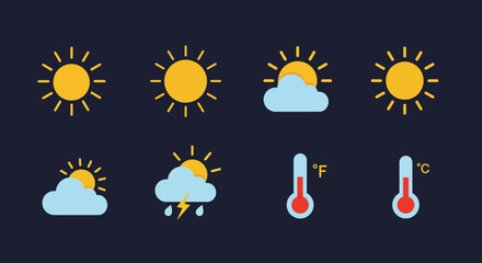 Collection of simple weather icons depicting sun, clouds, rain, and temperature.
