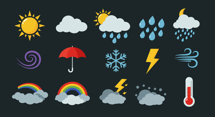 Obraz premium A flat vector illustration depicting various weather conditions, including sun, clouds, rain, wind, snow, lightning, rainbow, and temperature, against a dark background.