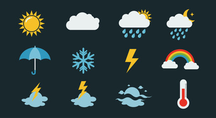 Obraz premium A collection of weather icons including sun, clouds, rain, lightning, snowflake, rainbow, umbrella, thermometer, moon, and sunrise, arranged on a dark background.