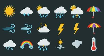 Flat design icons representing various weather conditions, including sun, clouds, rain, wind, lightning, and an umbrella.