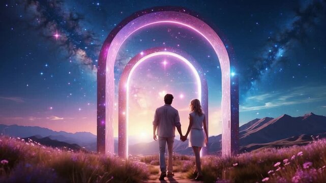 Fantasy scene with a couple of man and woman standing in the dreamy landscape with a shining cosmic portal, mountains and starry sky, horizontal background