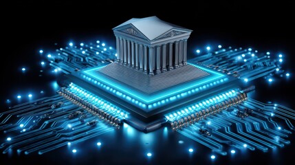 Corporate Governance Compliance Concept. A digital microchip with a classical Greek-style temple on top, symbolizing the fusion of technology and governance or law.
