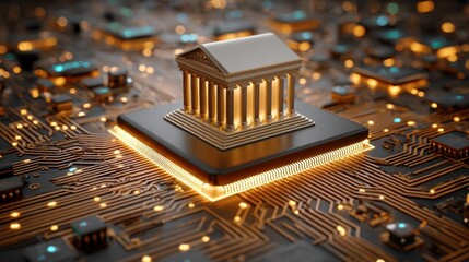 Corporate Governance Compliance Concept. A golden classical temple model sits atop a glowing microchip on a circuit board, symbolizing the fusion of ancient architecture with modern technology.