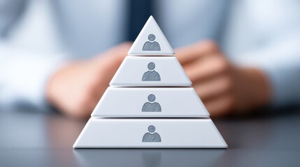 Corporate Governance Compliance Concept. A hand holding a pyramid made of four stacked blocks, each with a human icon, representing organizational hierarchy or structured teamwork.