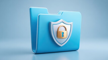 Corporate Governance Compliance Concept. Blue file folder with a shield and lock icon symbolizing data protection and secure file storage.