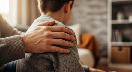 A caring adult gently touches a child's shoulder, offering comfort and support in a domestic setting.