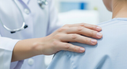 Doctor comforting patient, hand on shoulder, empathy, healthcare, support, medical.