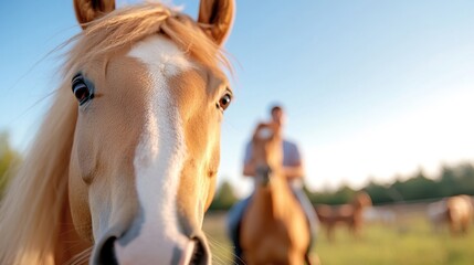 Farmer couple enjoys playful time with bitless horses during sunny ranch day