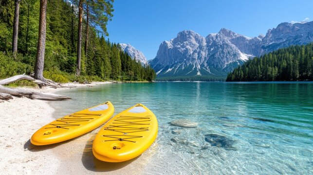 Paddleboarding by the tranquil waters of Pragser Wildsee in Italy