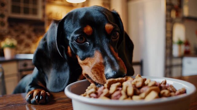 dachshund dog greedily eating dry kibble from a bowl on a table humorous close up of pet overindulgence and diet related challenges in animal care and feeding routines