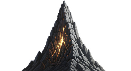 A craggy mountain peak rises against a dark backdrop, showcasing a stark contrast with bright, internal glowing cracks, ideal for dramatic or fantastical design projects, transparent background