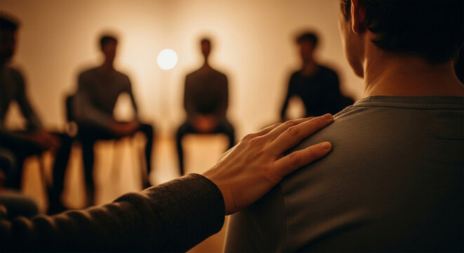 Supportive hand rests on a man's shoulder during a dimly lit group therapy session.
