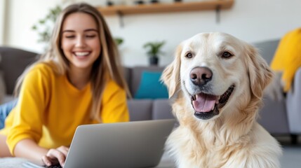 Obraz na płótnie Canvas Young woman enjoys cozy time with pets while working on laptop at home