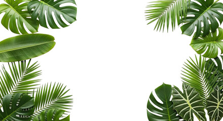Fototapeta premium Lush tropical leaves frame a white background, creating a vibrant, natural border.