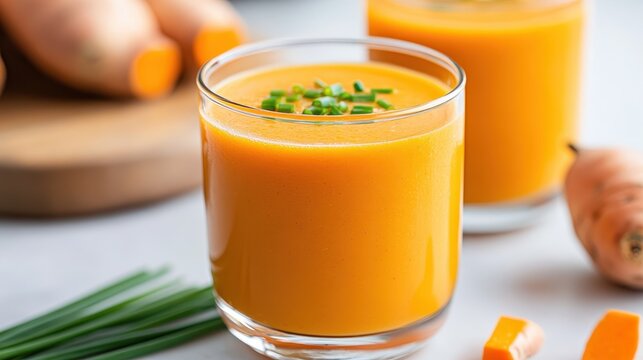 Sweet potato carrot soup served in elegant glass with fresh chives decoration - Powered by Adobe