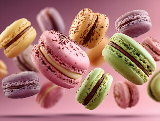 Various colorful of macarons floating on the air isolated on clean png background, Desserts sweet cake concept Generated image