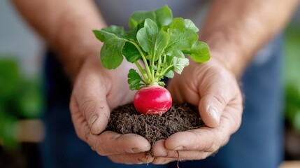 Elderly farmer proudly showcases freshly harvested radish on wooden table