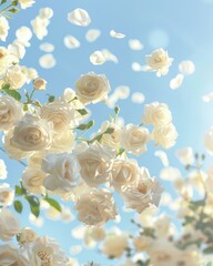 White roses in full bloom against a clear blue sky with natural sunlight.