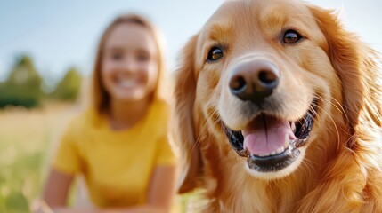 Young woman enjoys sunny day with her happy dog in a vibrant field