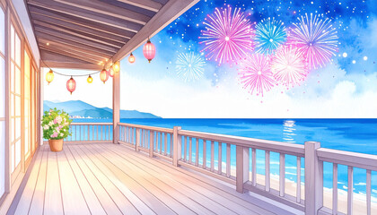 打上花火が上がる民家の縁側　夏の夜　水彩画風
