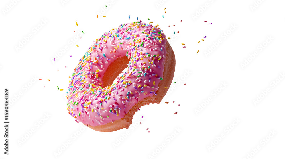 Fototapete flying frosted sprinkled donuts. set of multicolored doughnuts with sprinkles isolate on color backg